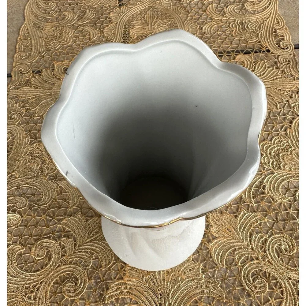 Vintage Gold Trimmed Rose Flower‎ Transfer Vase, Porcelain Decor